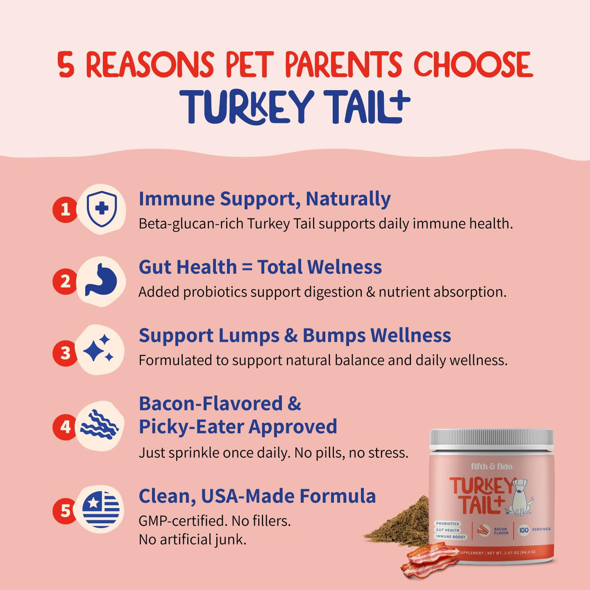 Turkey Tail Mushroom for Dogs Bacon Powder Probiotic E50570