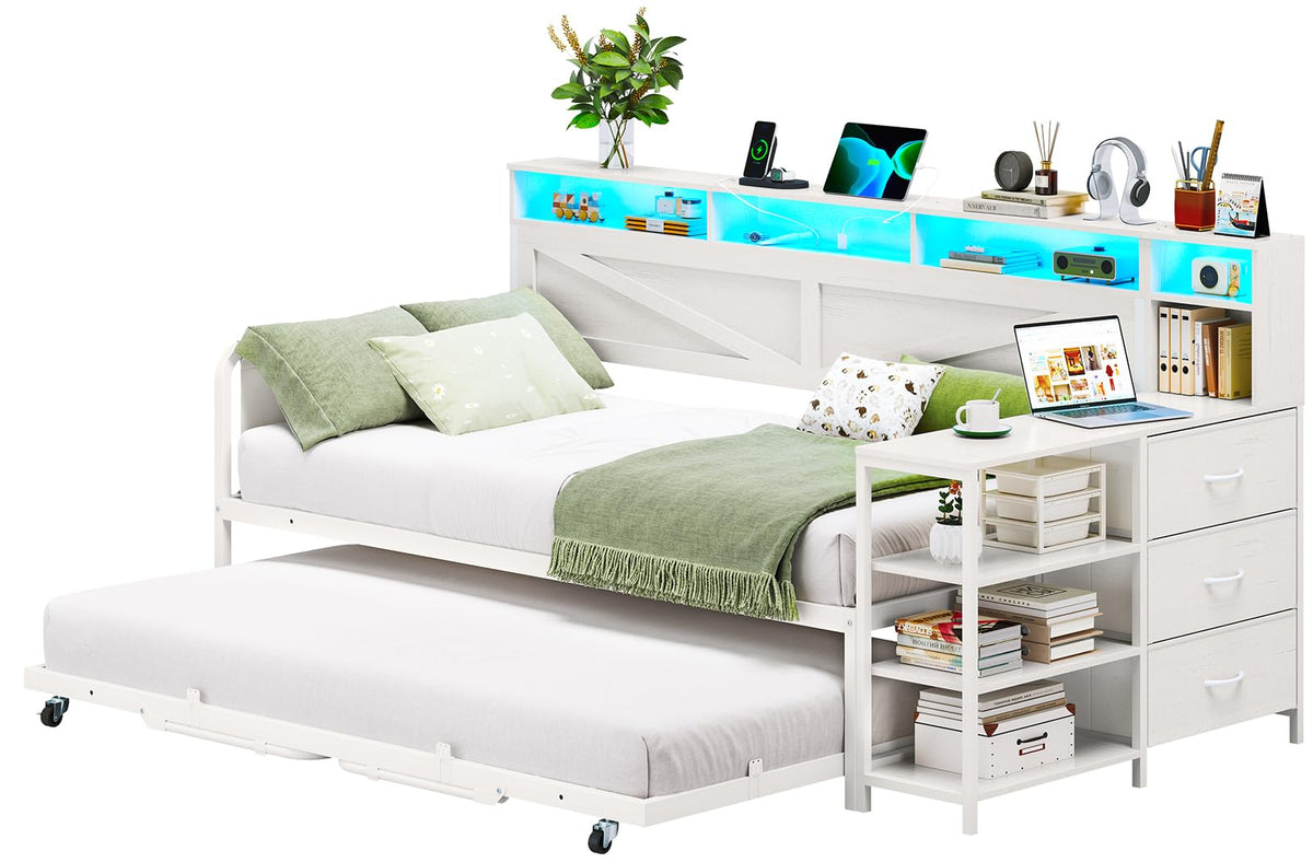 White Twin Wood Daybed with Trundle and 3 Storage Drawers W409853