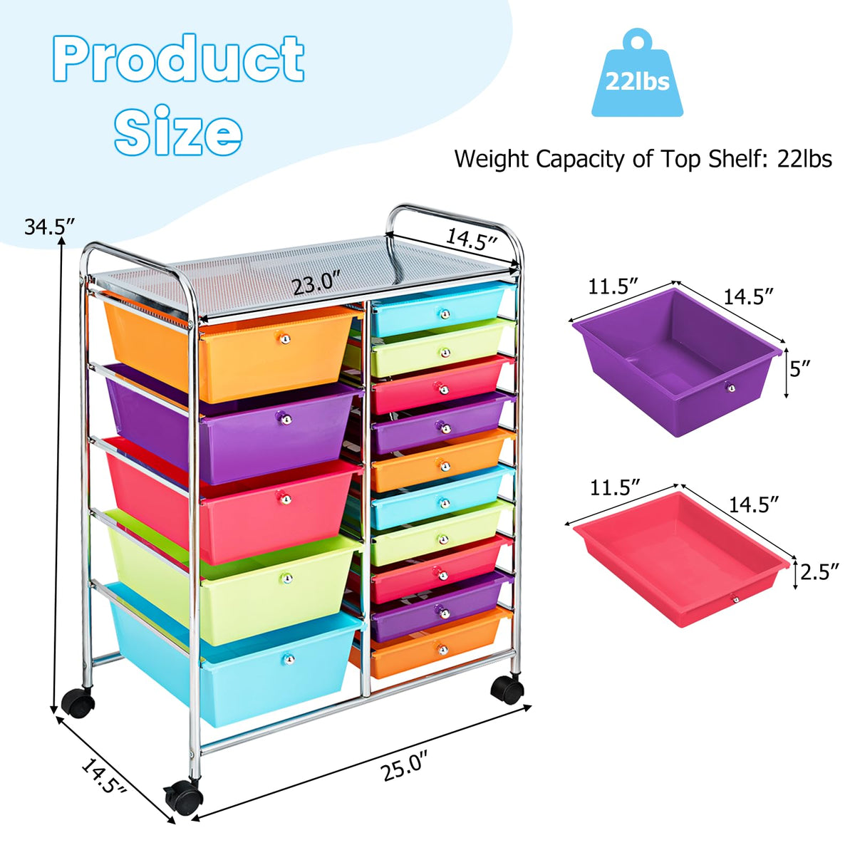 15 Drawer Rolling Storage Cart with Lockable Wheels A5043