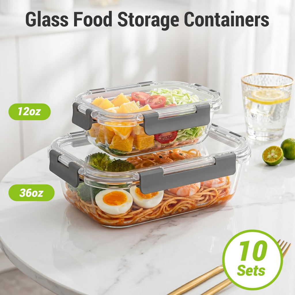 10 Sets 36 oz & 12 oz Glass Food Storage Containers with Lids, Gray L618