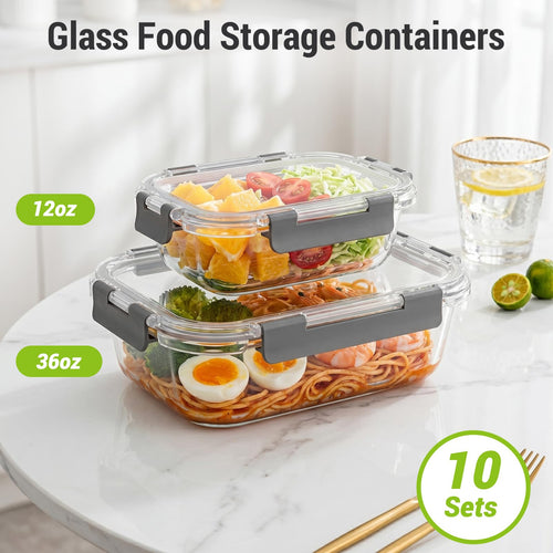10 Sets 36 oz & 12 oz Glass Food Storage Containers with Lids, Gray L618