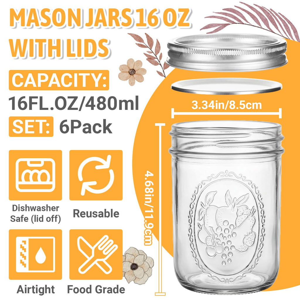 16 oz 6 Pack Wide Mouth Mason Jars with Airtight Lids R27021