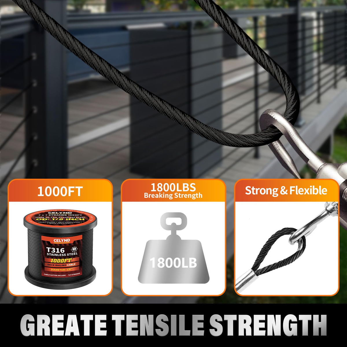 Black 1000FT 1/8" T316 Stainless Steel Cable Q622