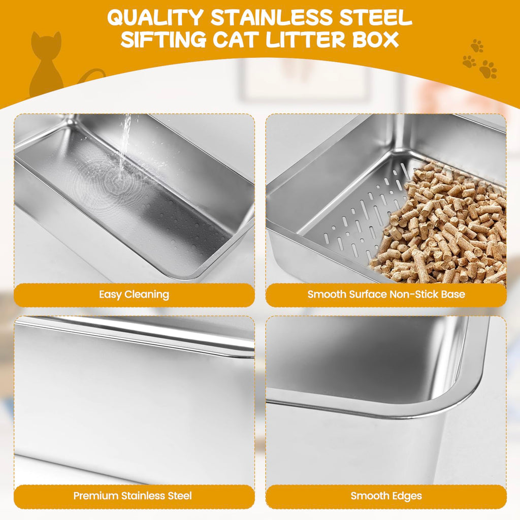 Stainless Steel Sifting Cat Litter Box with Scoop and Pee Pad D102