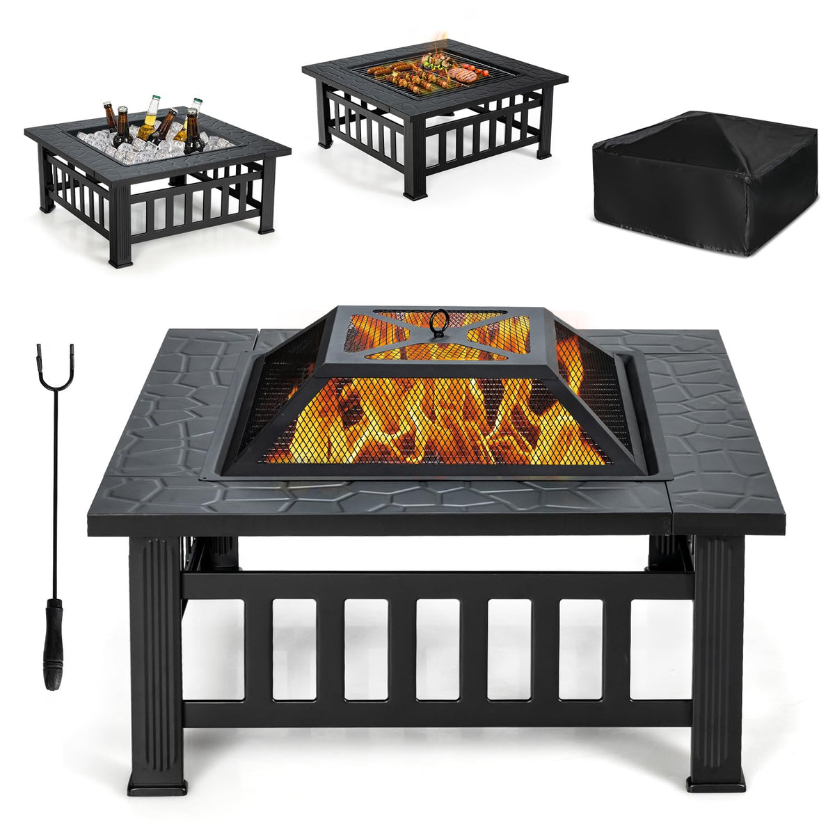 32 inch 3 in 1 Wood Burning Fire Pit Table with BBQ Grill Q485361