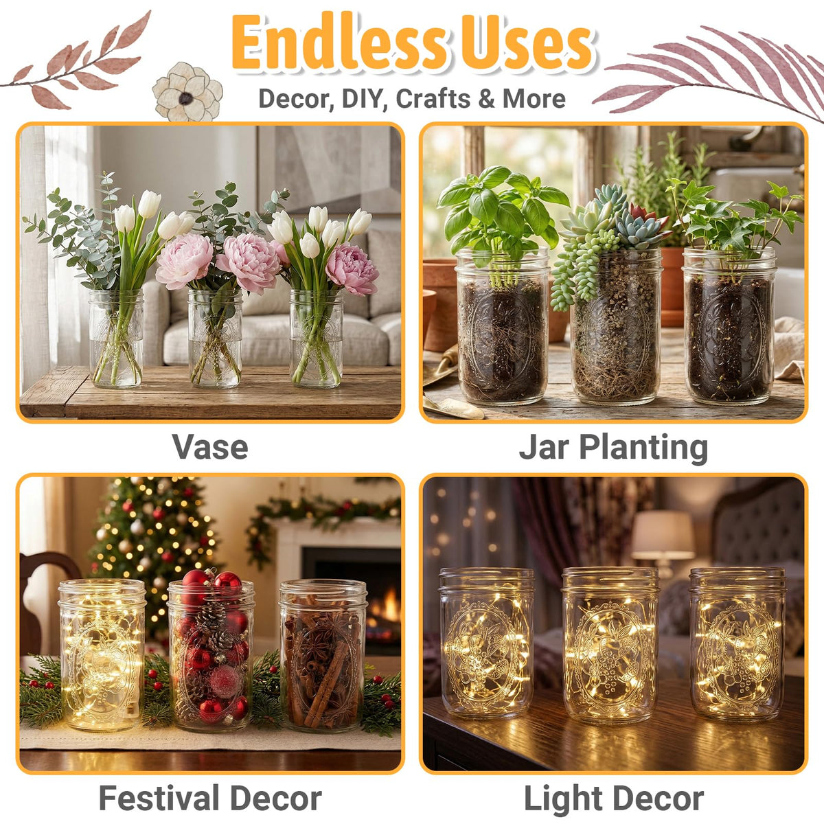 16 oz 6 Pack Wide Mouth Mason Jars with Airtight Lids R27021