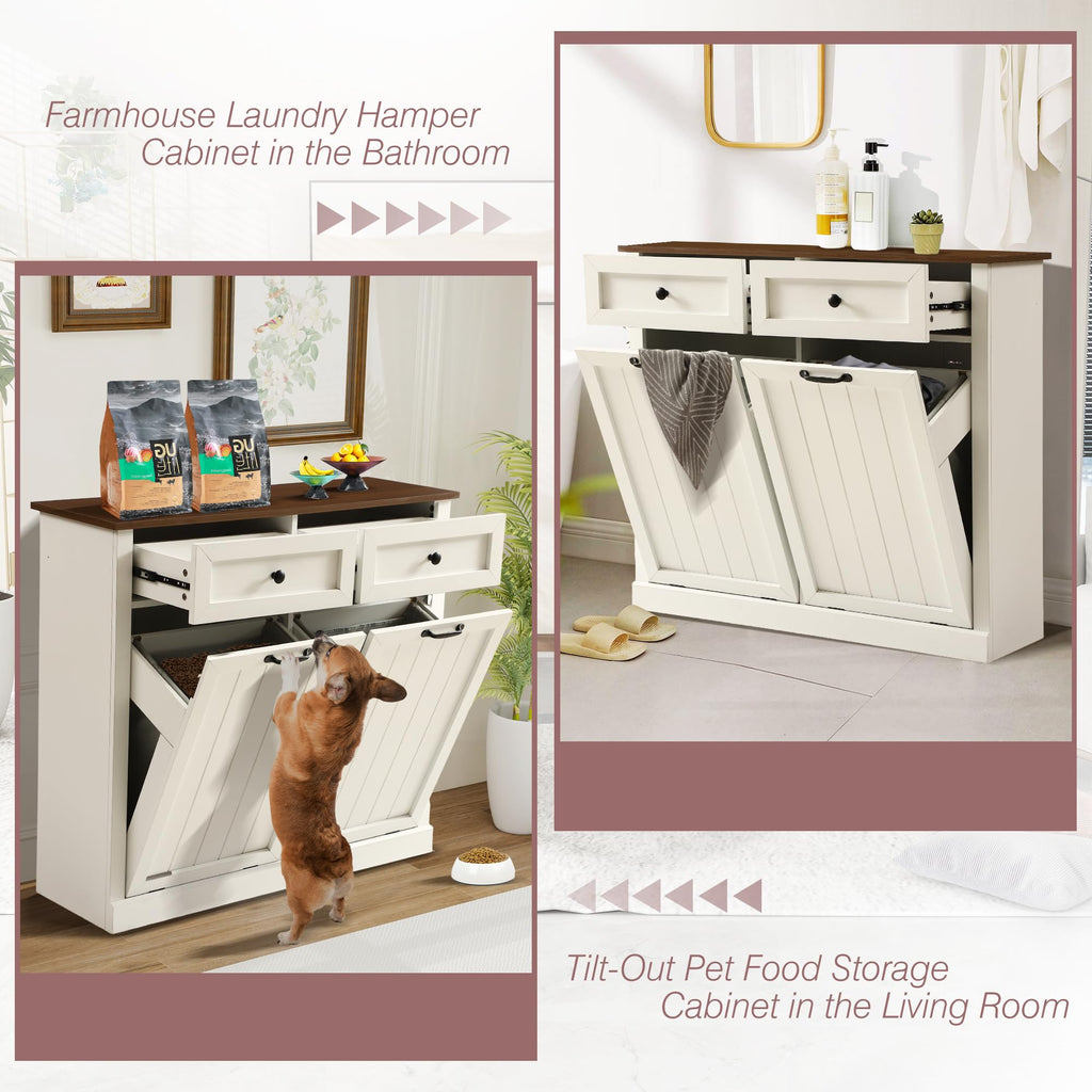 White 22 Gallon Wooden Laundry Hamper Cabinet with 2 Drawers I985872