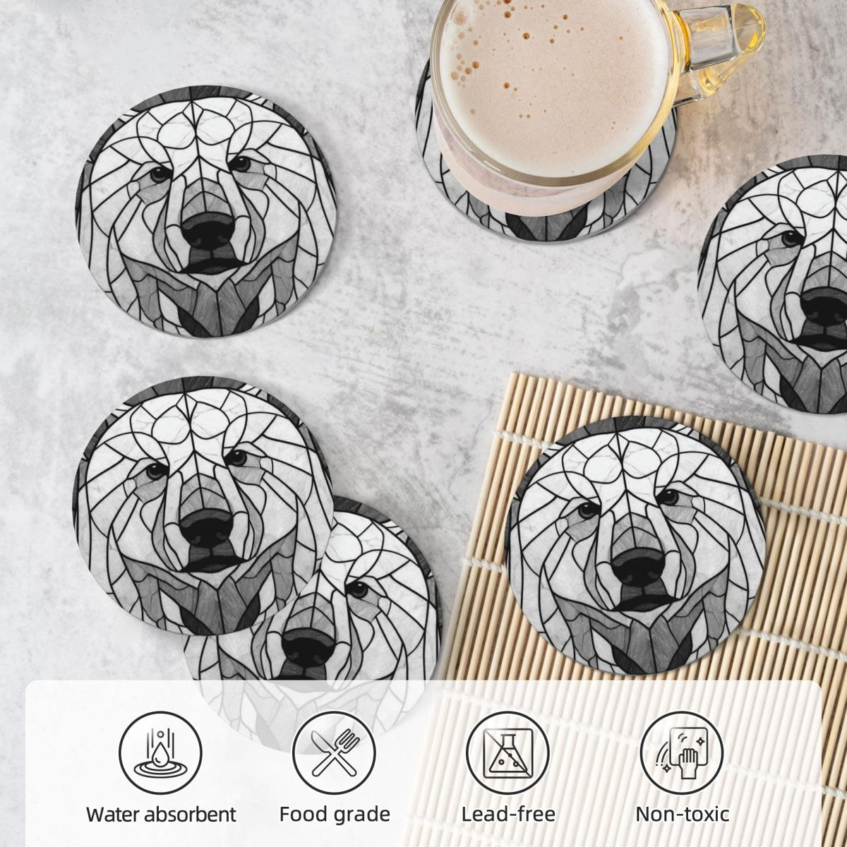 Black and White Bear Ceramic Coasters Set of 6 U718429