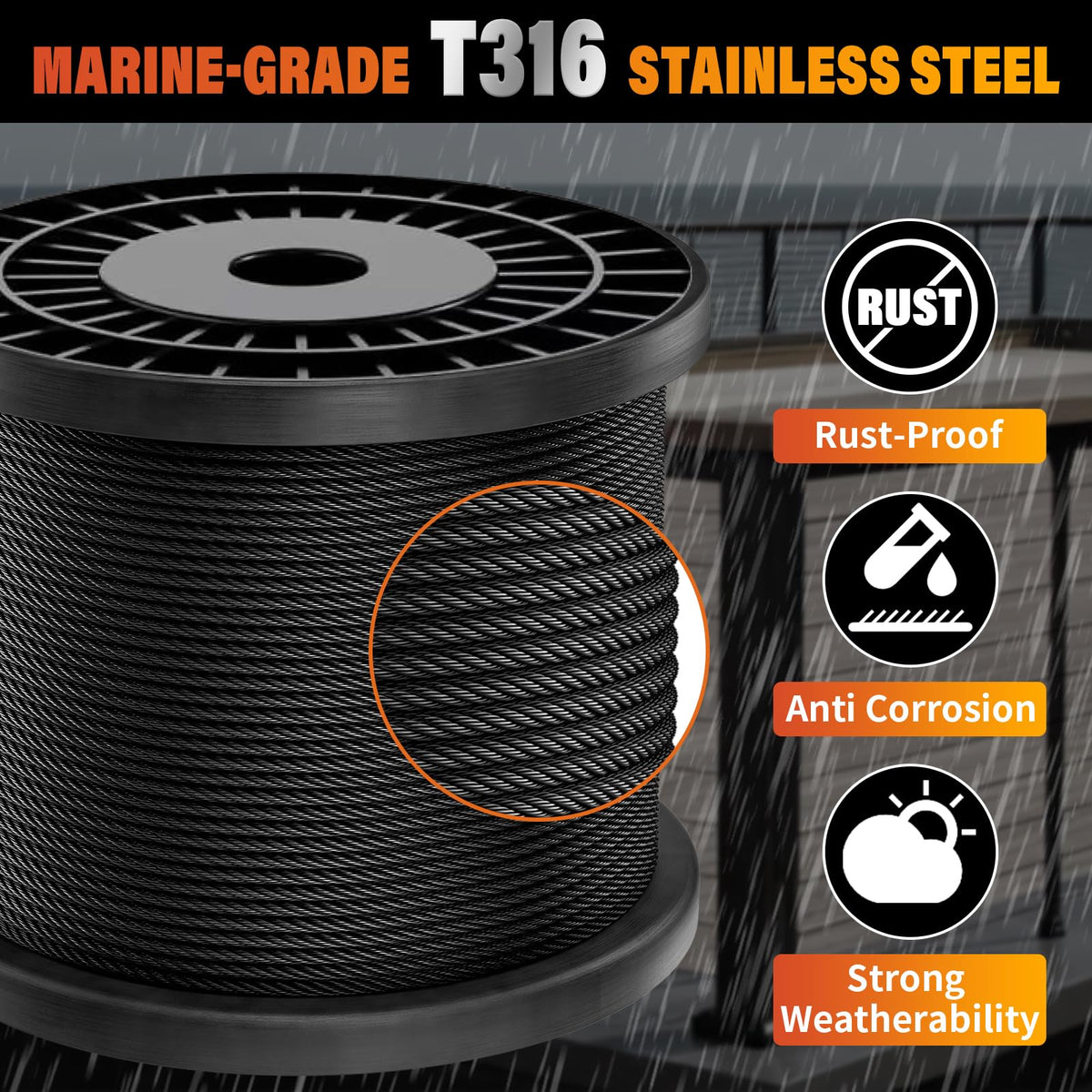 Black 1000FT 1/8" T316 Stainless Steel Cable Q622