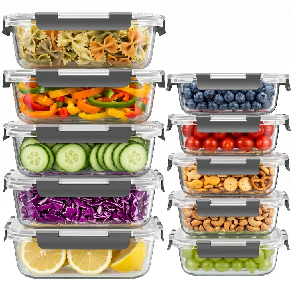 10 Sets 36 oz & 12 oz Glass Food Storage Containers with Lids, Gray L618