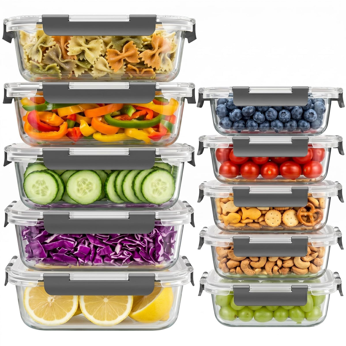 10 Sets 36 oz & 12 oz Glass Food Storage Containers with Lids, Gray L618
