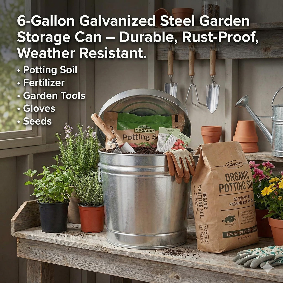 6-Gallon Galvanized Steel Storage Can with Lid L76133