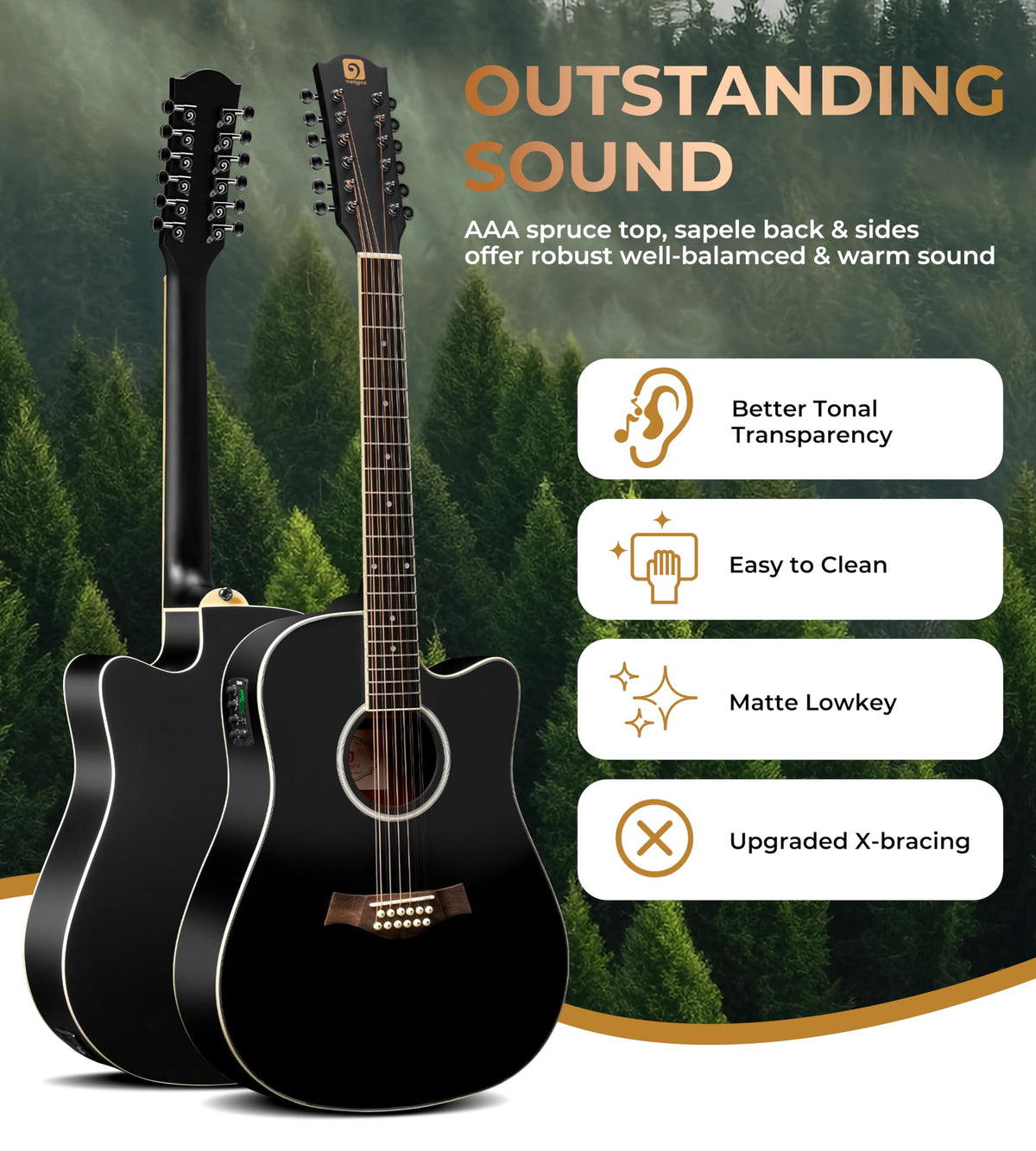 12 String Acoustic Electric Guitar Spruce Top Bone Nut Black Matte Y126