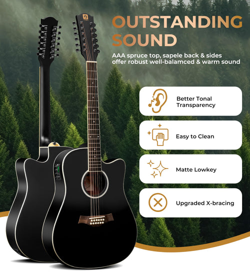 12 String Acoustic Electric Guitar Spruce Top Bone Nut Black Matte Y126