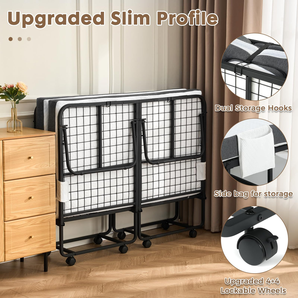 Folding Rollaway Guest Bed with 8 Casters and 6" Memory Foam Mattress Z554