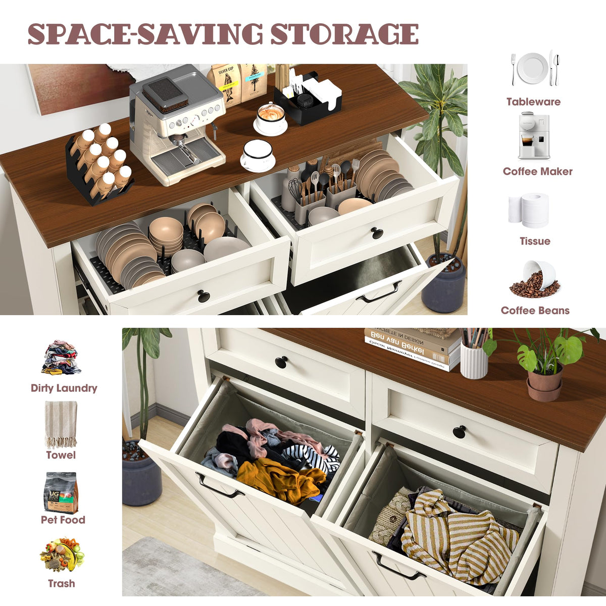White 22 Gallon Wooden Laundry Hamper Cabinet with 2 Drawers I985872