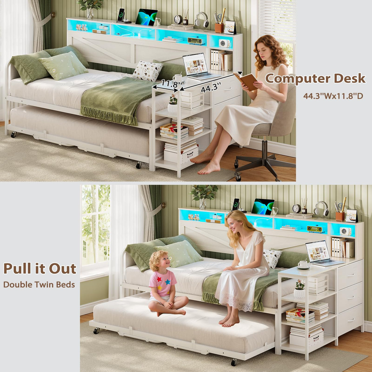 White Twin Wood Daybed with Trundle and 3 Storage Drawers W409853