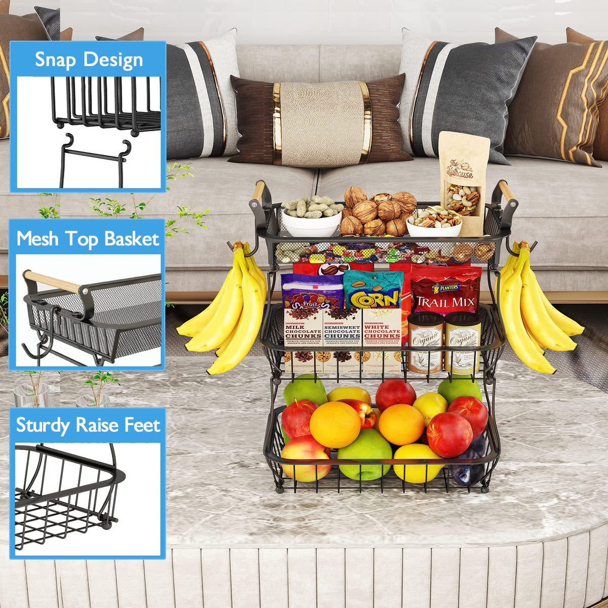 3 Tier Fruit Basket with 2 Banana Hangers Q83203