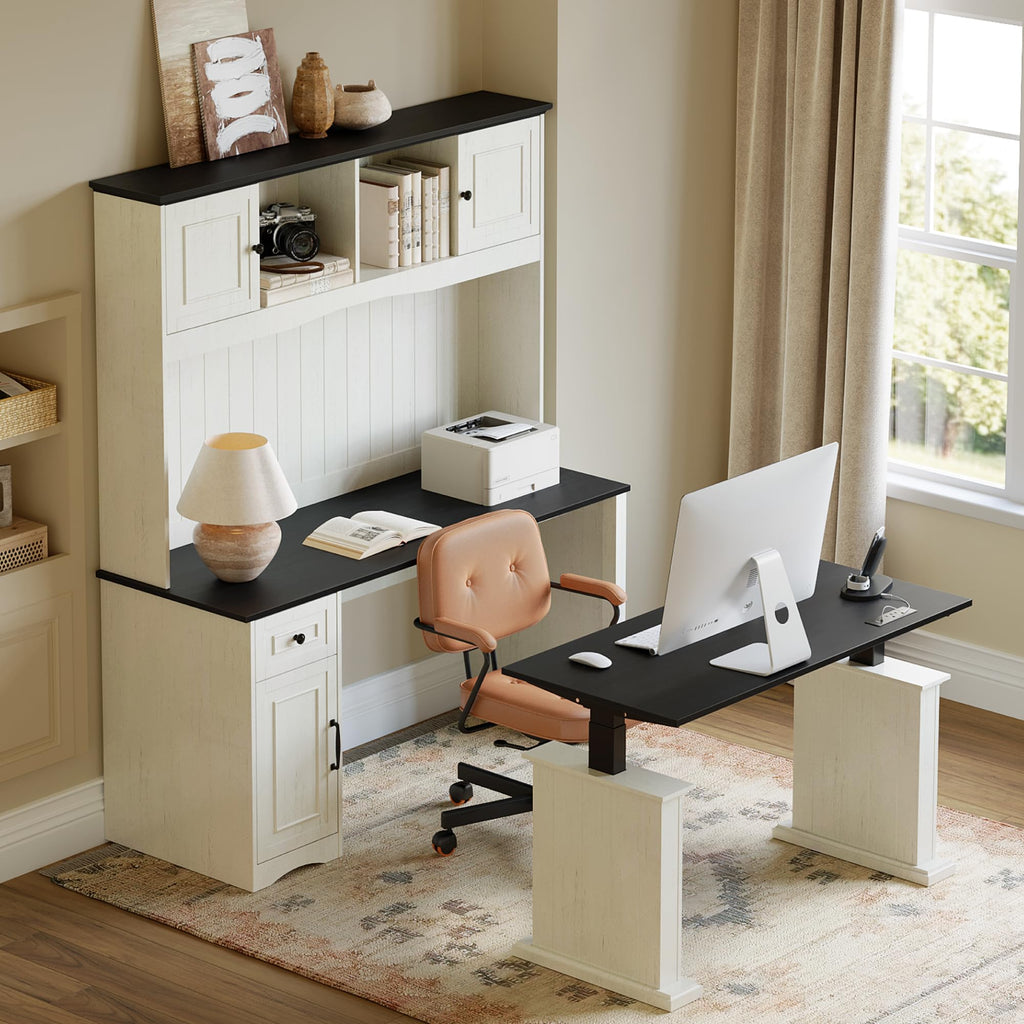 L Shaped Electric Standing Desk with Hutch and Drawers, Antique White L563864