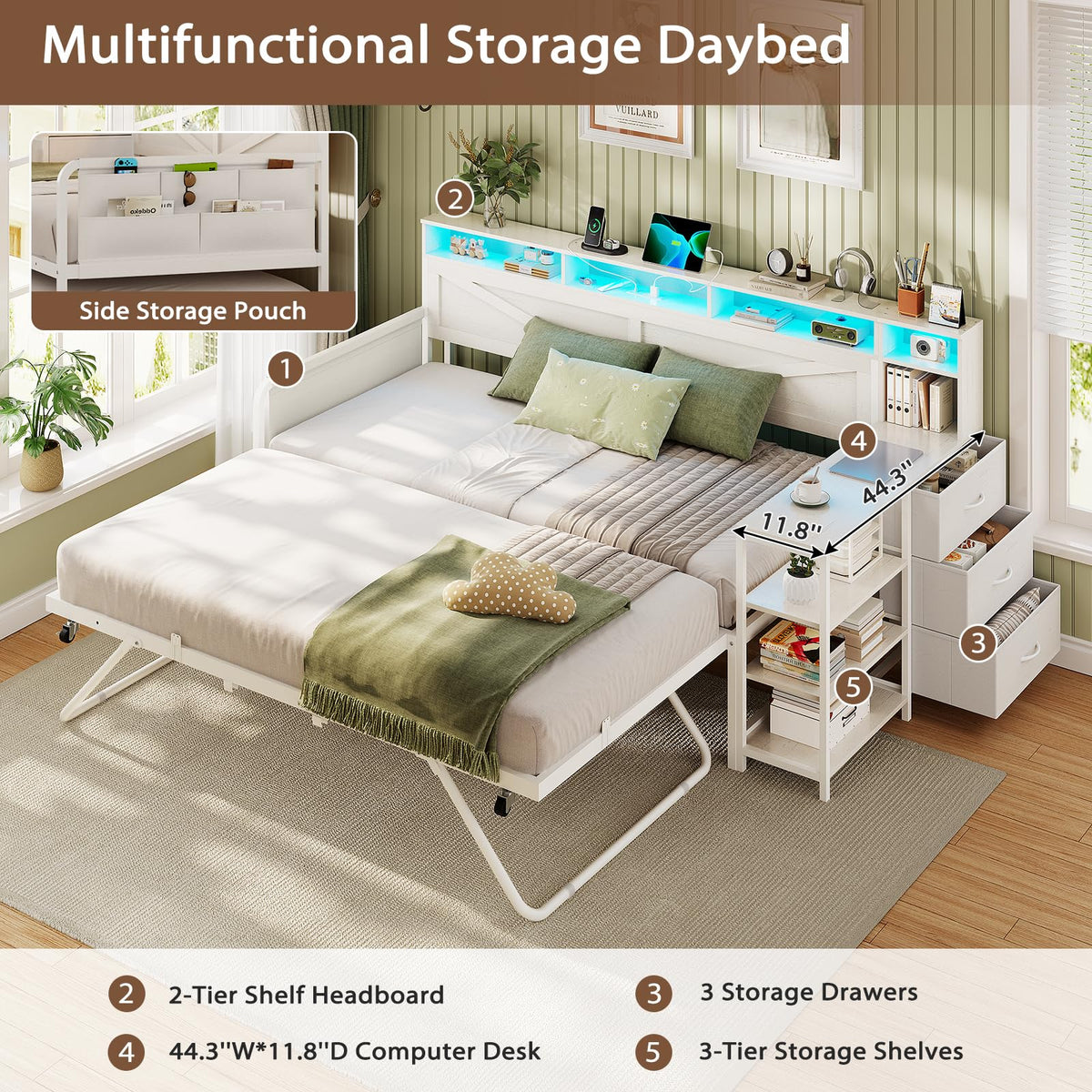 White Twin Wood Daybed with Trundle and 3 Storage Drawers W409853