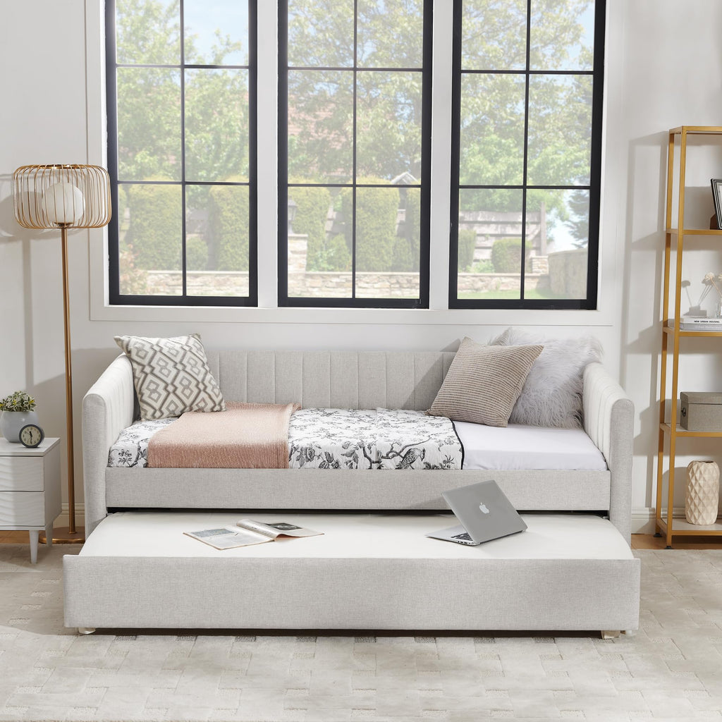 Beige Linen Twin Size Daybed with Trundle X92573