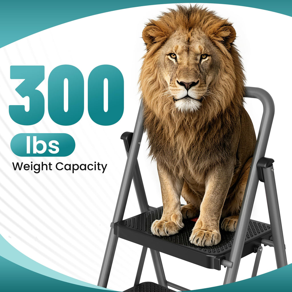 2 Step Folding Step Ladder 300 lbs Capacity with Handrail Gray Y9294