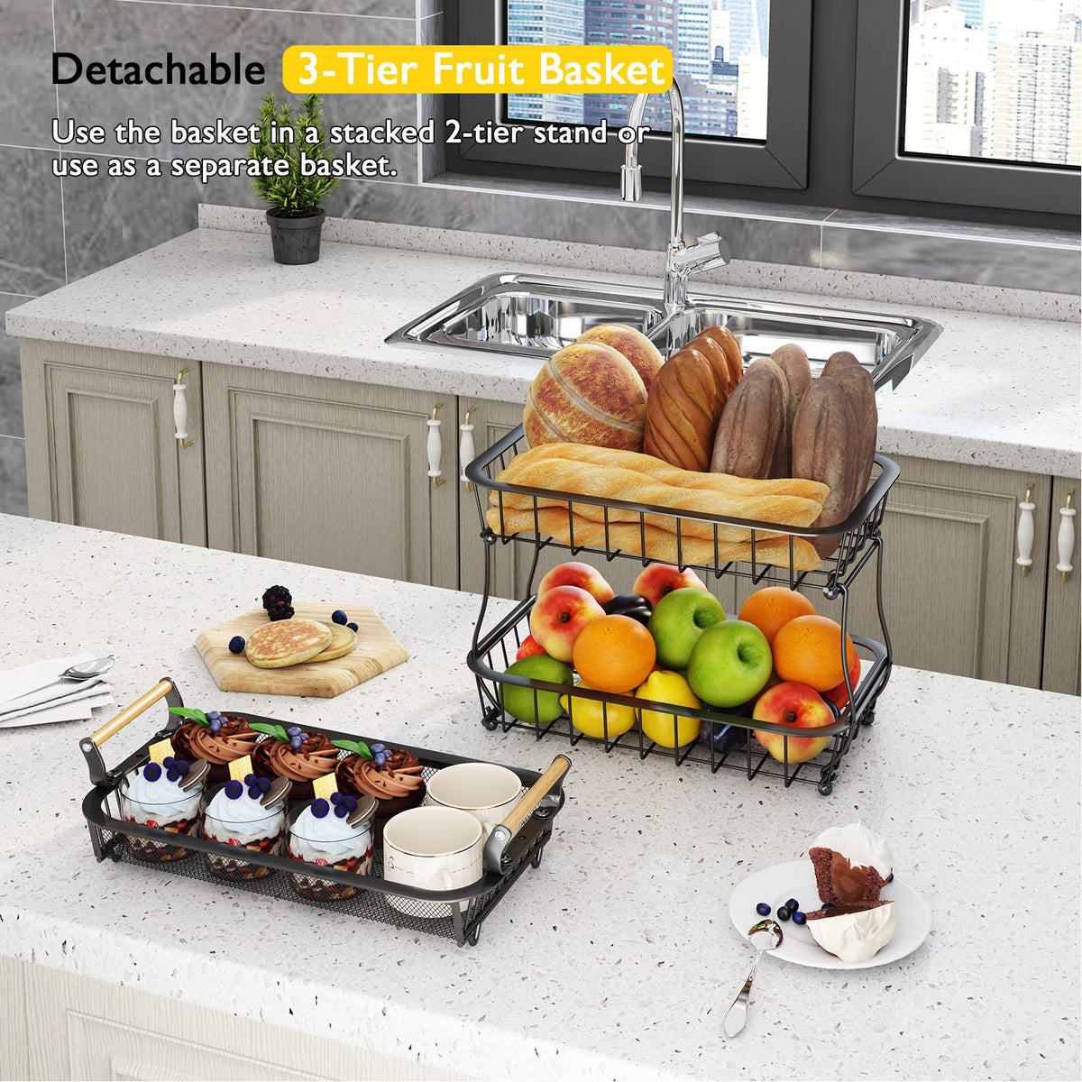 3 Tier Fruit Basket with 2 Banana Hangers Q83203