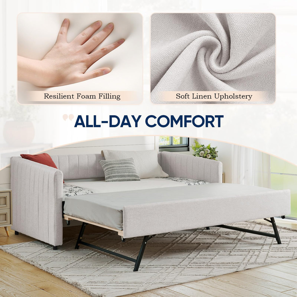 Beige Linen Twin Size Daybed with Trundle X92573