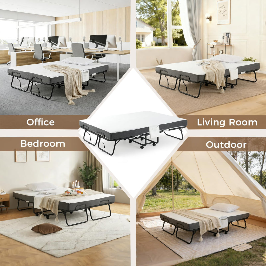 Folding Rollaway Guest Bed with 8 Casters and 6" Memory Foam Mattress Z554