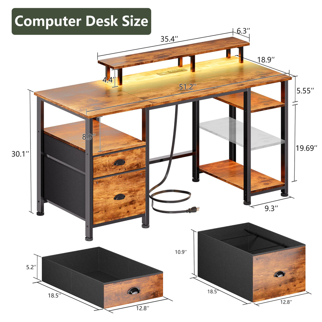51" Computer Desk with Outlets & LED, Brown M773806