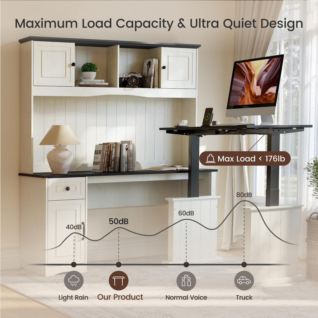 L Shaped Electric Standing Desk with Hutch and Drawers, Antique White L563864