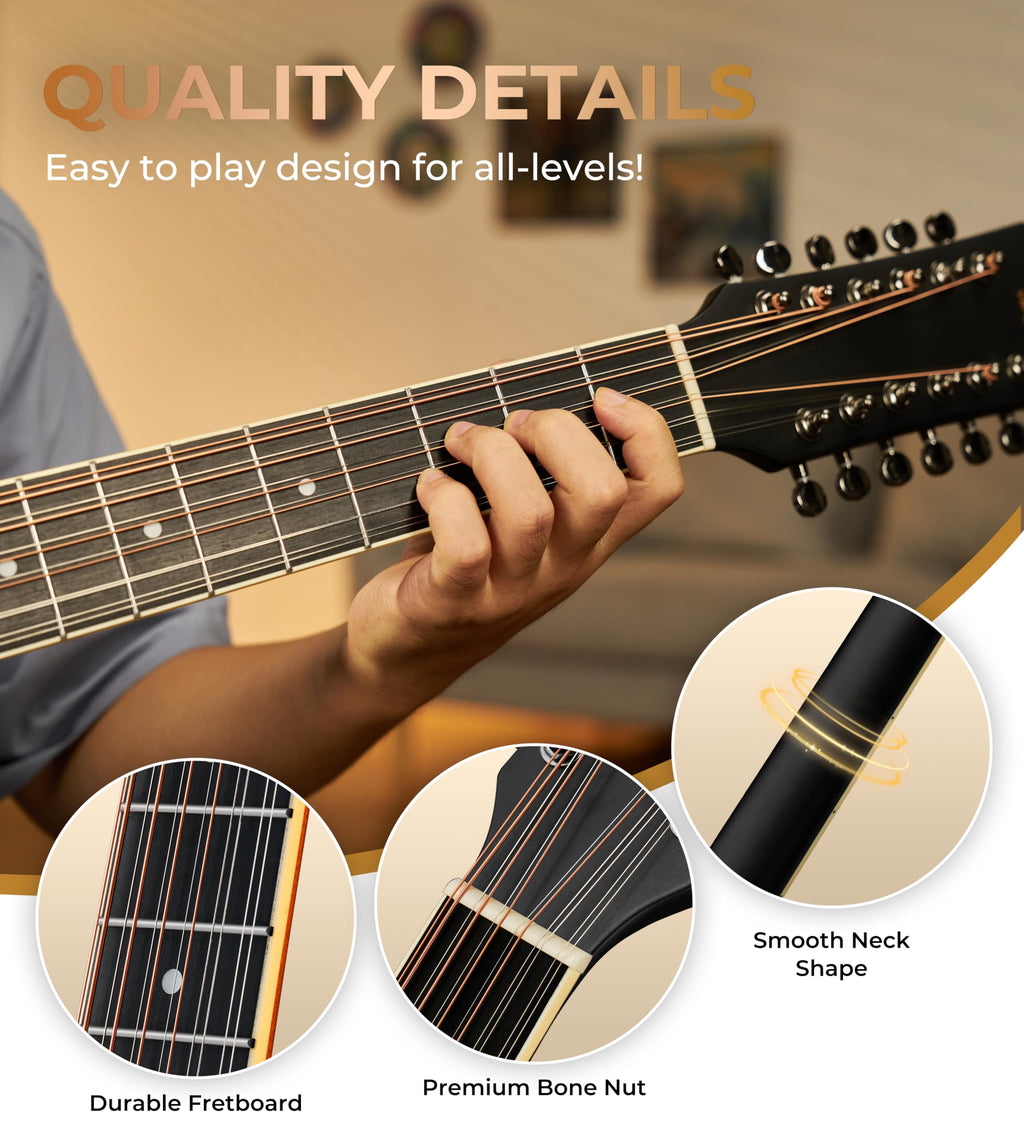 12 String Acoustic Electric Guitar Spruce Top Bone Nut Black Matte Y126