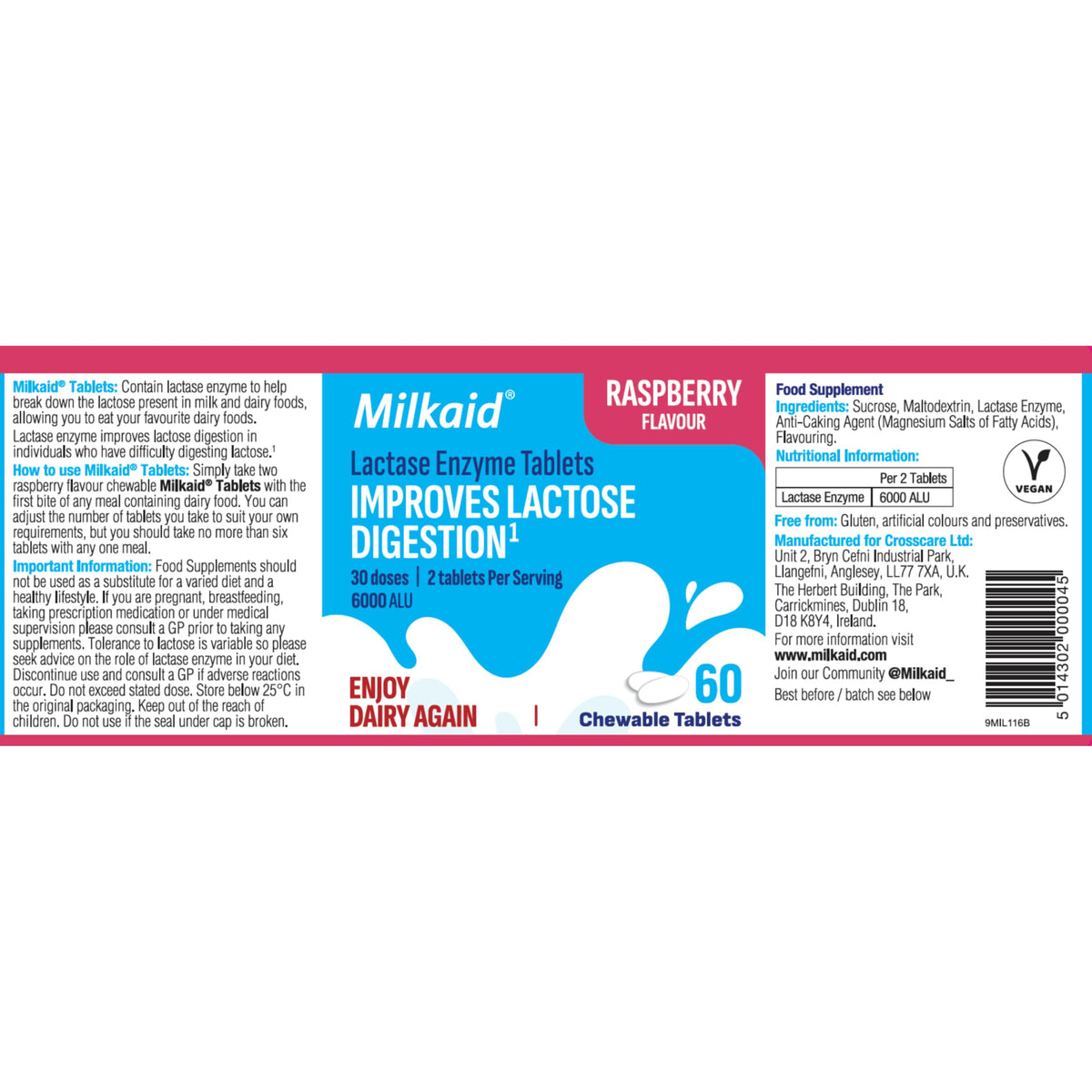 Chewable Lactase Enzyme Tablets 60 Tablets Raspberry O34117