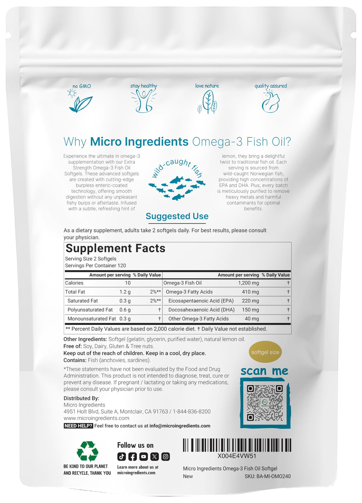 Omega 3 Fish Oil 1,200mg 240 Softgels Lemon Flavored Burpless EPA DHA K1915