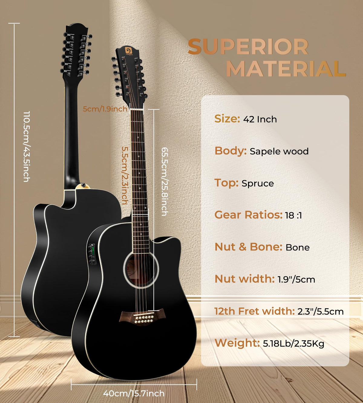12 String Acoustic Electric Guitar Spruce Top Bone Nut Black Matte Y126