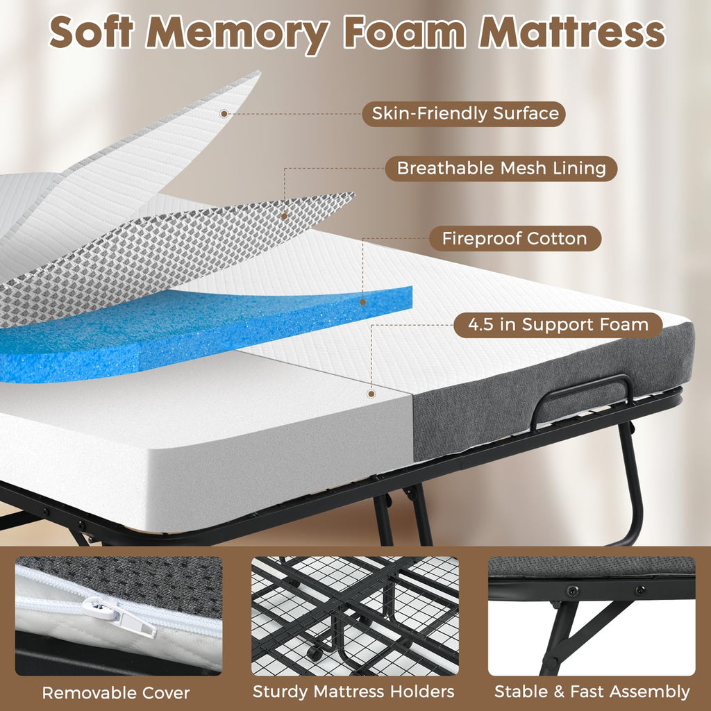 Folding Rollaway Guest Bed with 8 Casters and 6" Memory Foam Mattress Z554