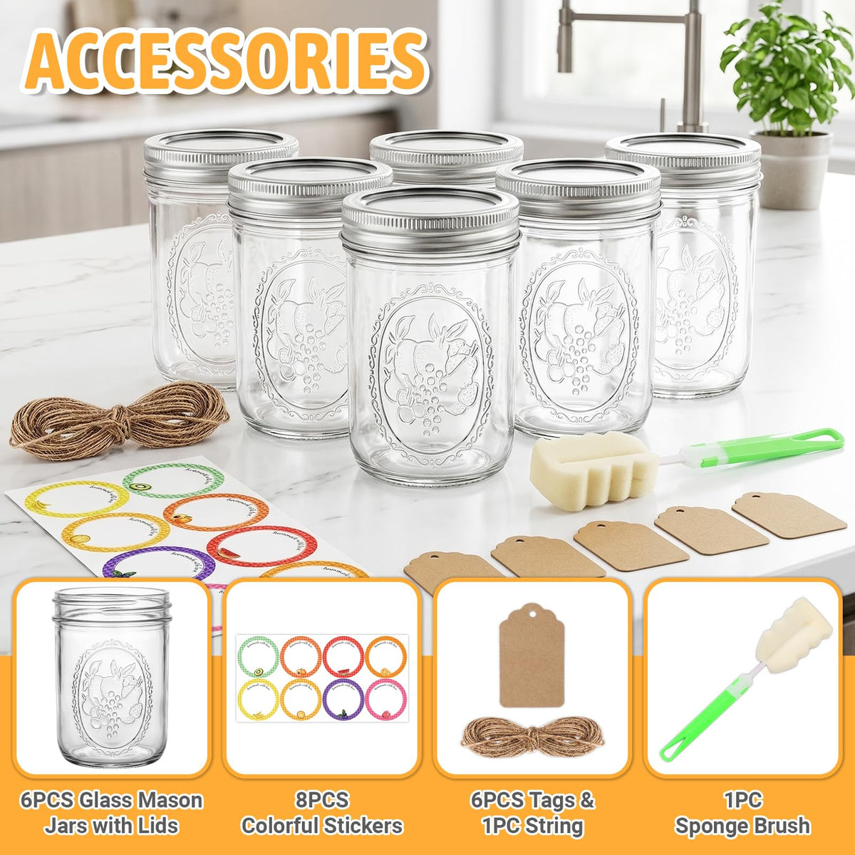 16 oz 6 Pack Wide Mouth Mason Jars with Airtight Lids R27021