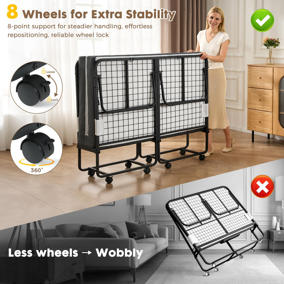 Folding Rollaway Guest Bed with 8 Casters and 6" Memory Foam Mattress Z554