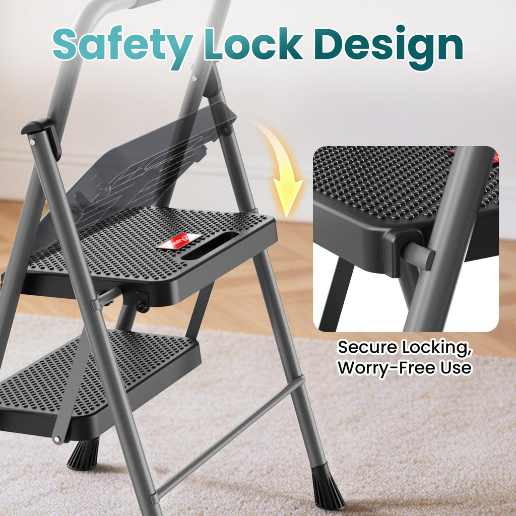 2 Step Folding Step Ladder 300 lbs Capacity with Handrail Gray Y9294