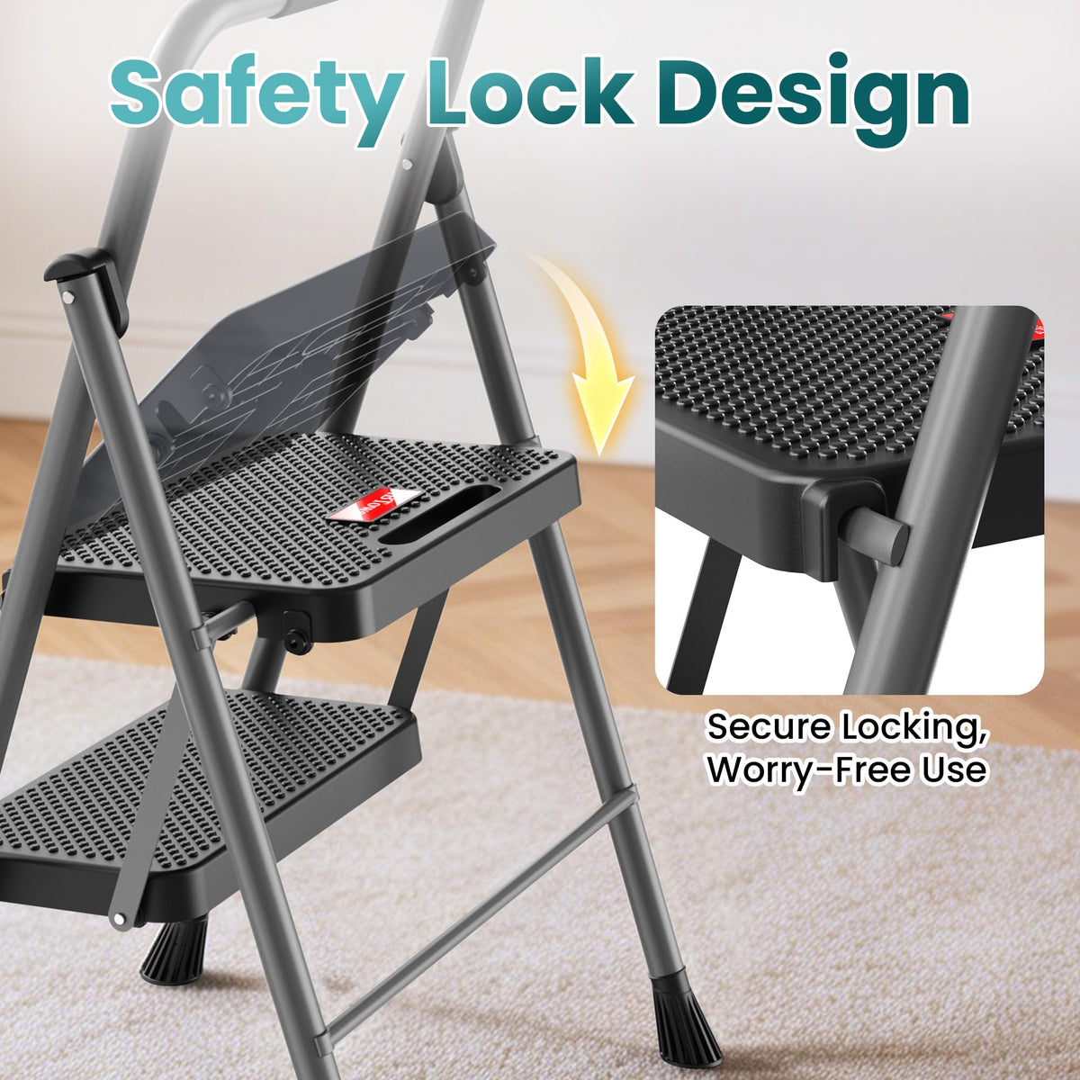 2 Step Folding Step Ladder 300 lbs Capacity with Handrail Gray Y9294