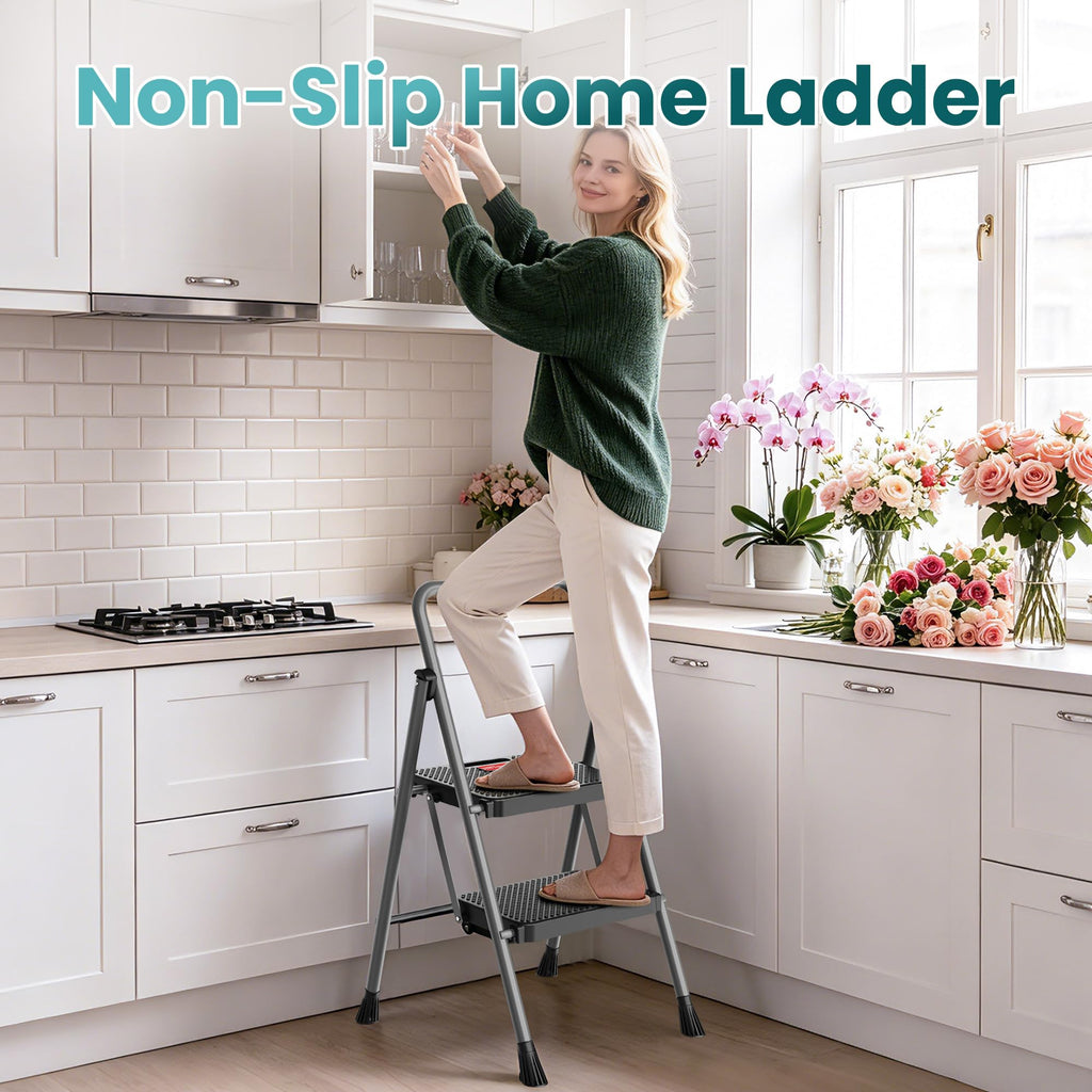 2 Step Folding Step Ladder 300 lbs Capacity with Handrail Gray Y9294