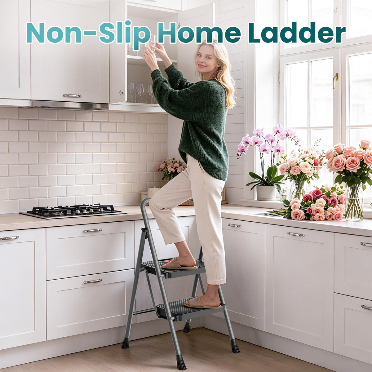 2 Step Folding Step Ladder 300 lbs Capacity with Handrail Gray Y9294