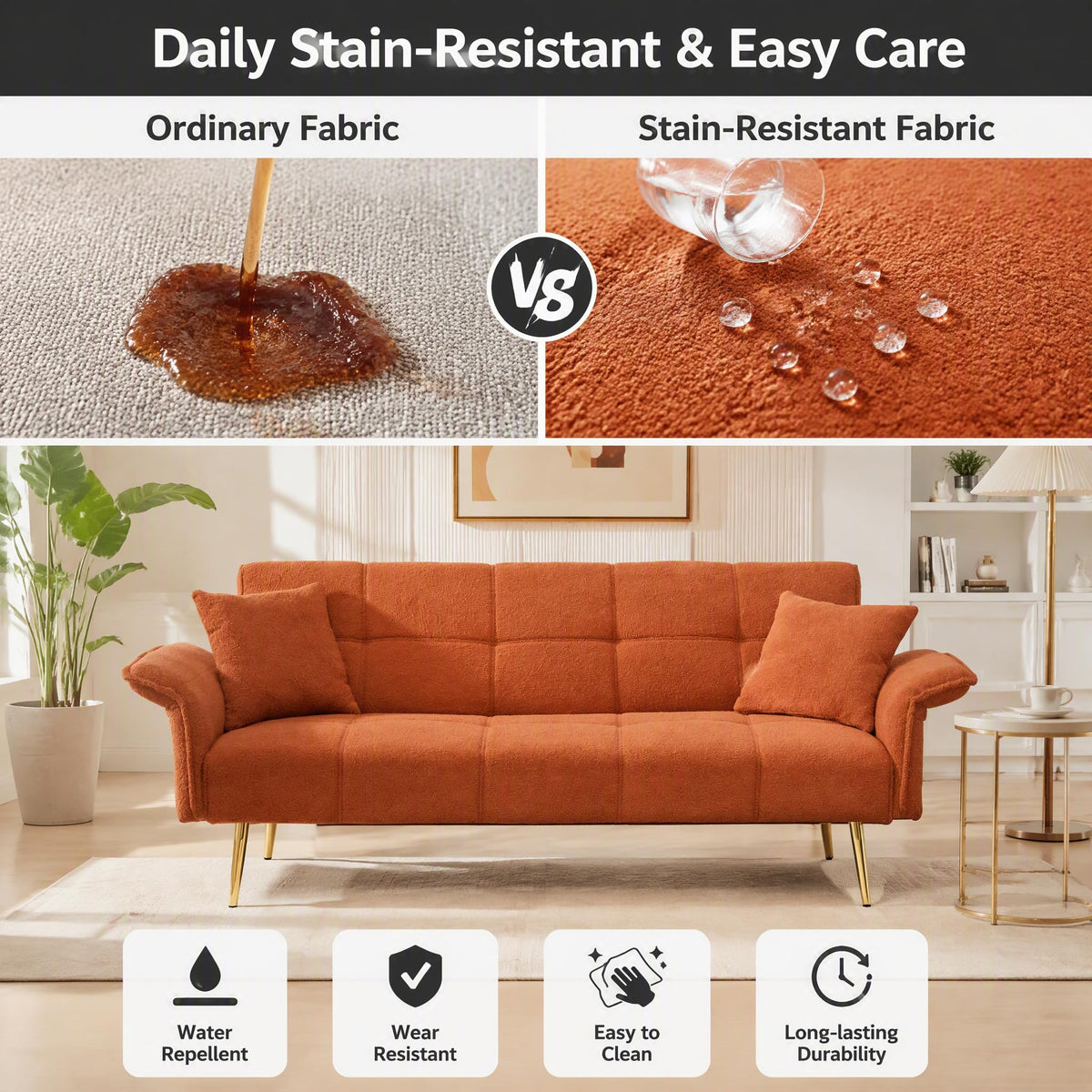 Orange Velvet 2 Seater Futon Sofa Bed Z80615