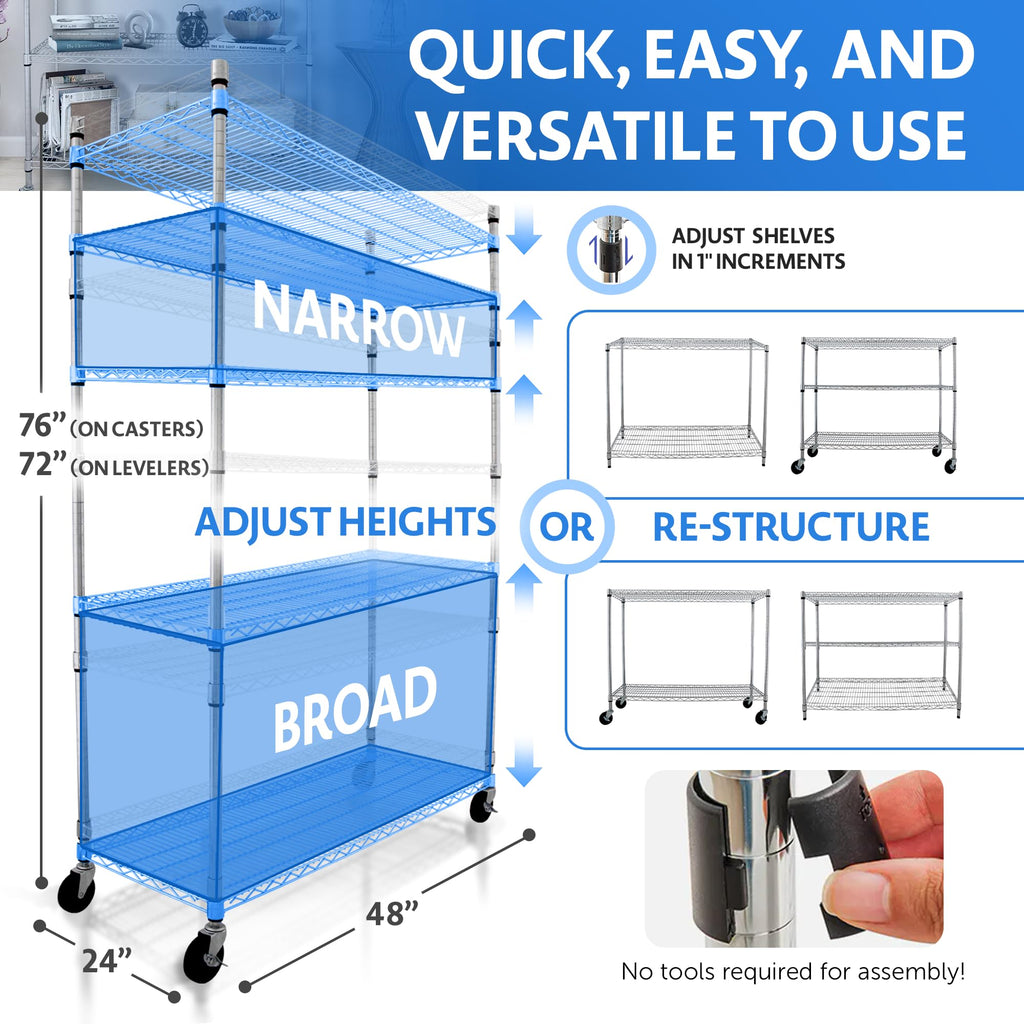 Heavy Duty 5-Tier Chrome Wire Shelving Rack with Casters A844
