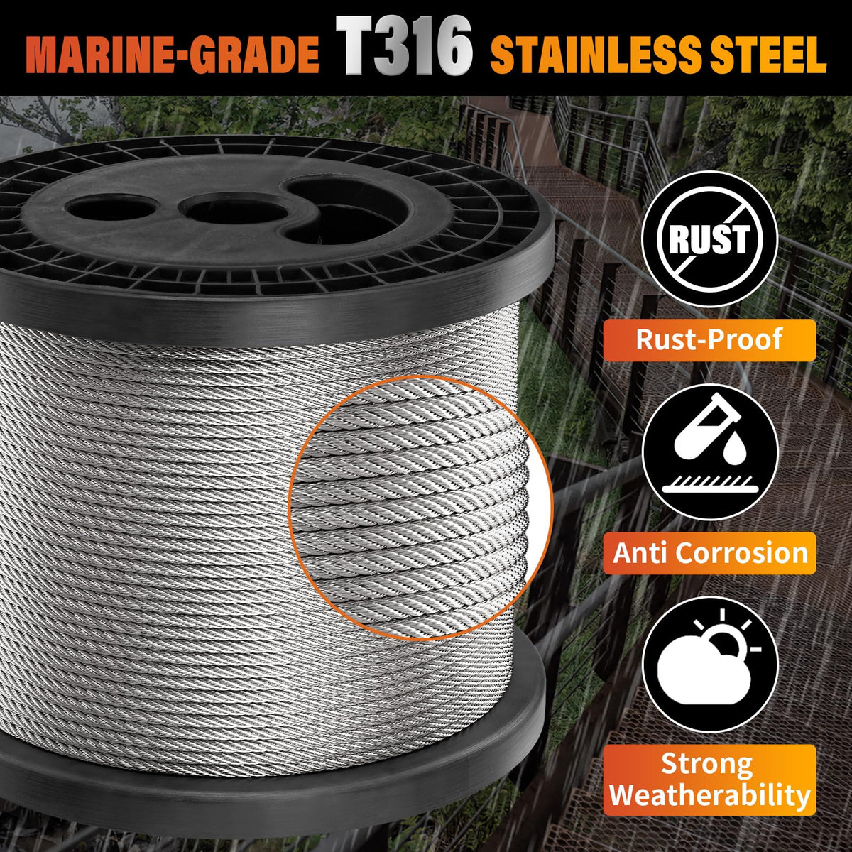 Stainless Steel 500FT 1/8" T316 Wire Rope Cable S428