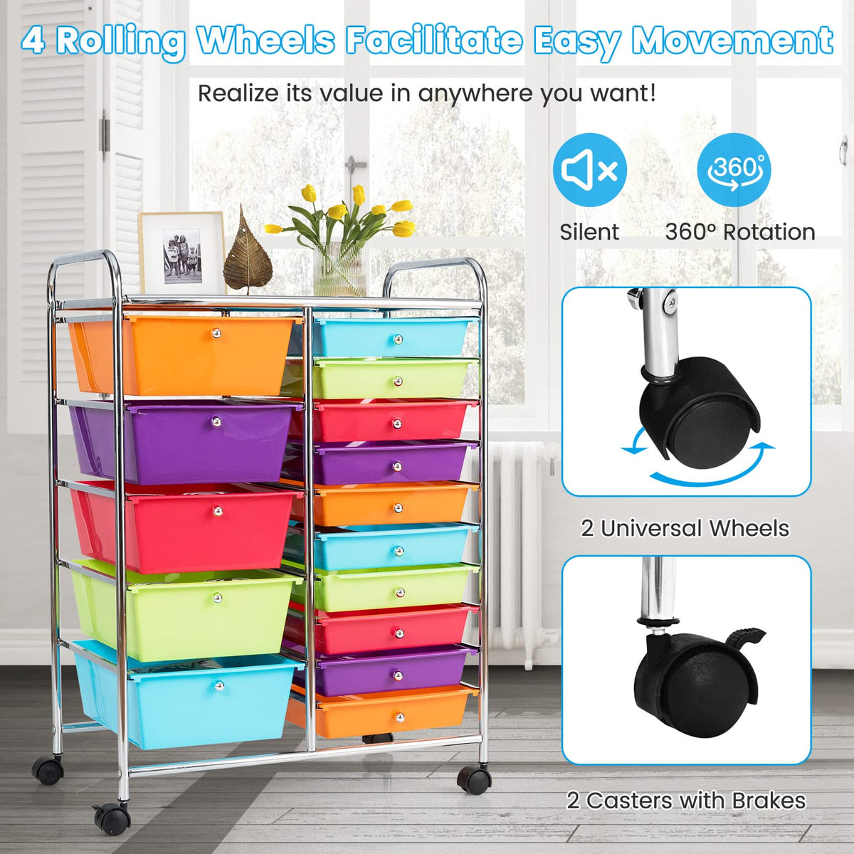 15 Drawer Rolling Storage Cart with Lockable Wheels A5043