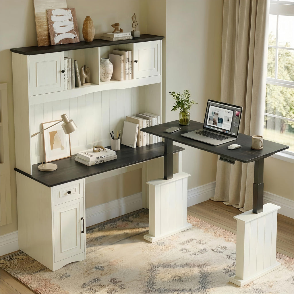 L Shaped Electric Standing Desk with Hutch and Drawers, Antique White L563864