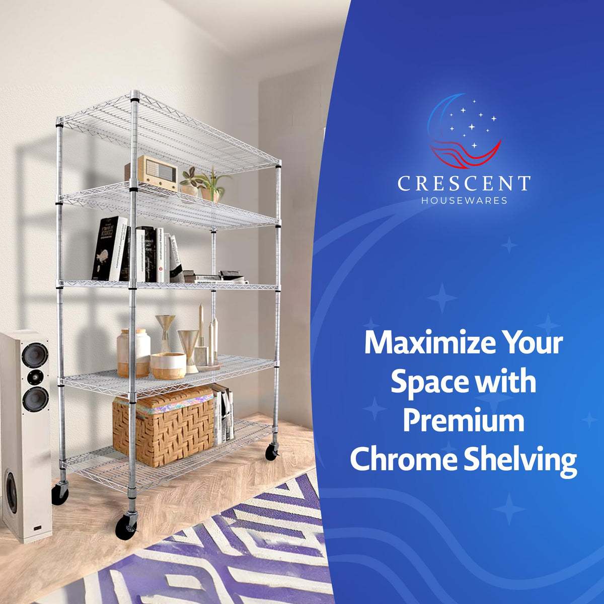 Heavy Duty 5-Tier Chrome Wire Shelving Rack with Casters A844