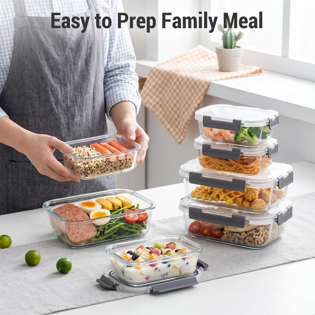 10 Sets 36 oz & 12 oz Glass Food Storage Containers with Lids, Gray L618