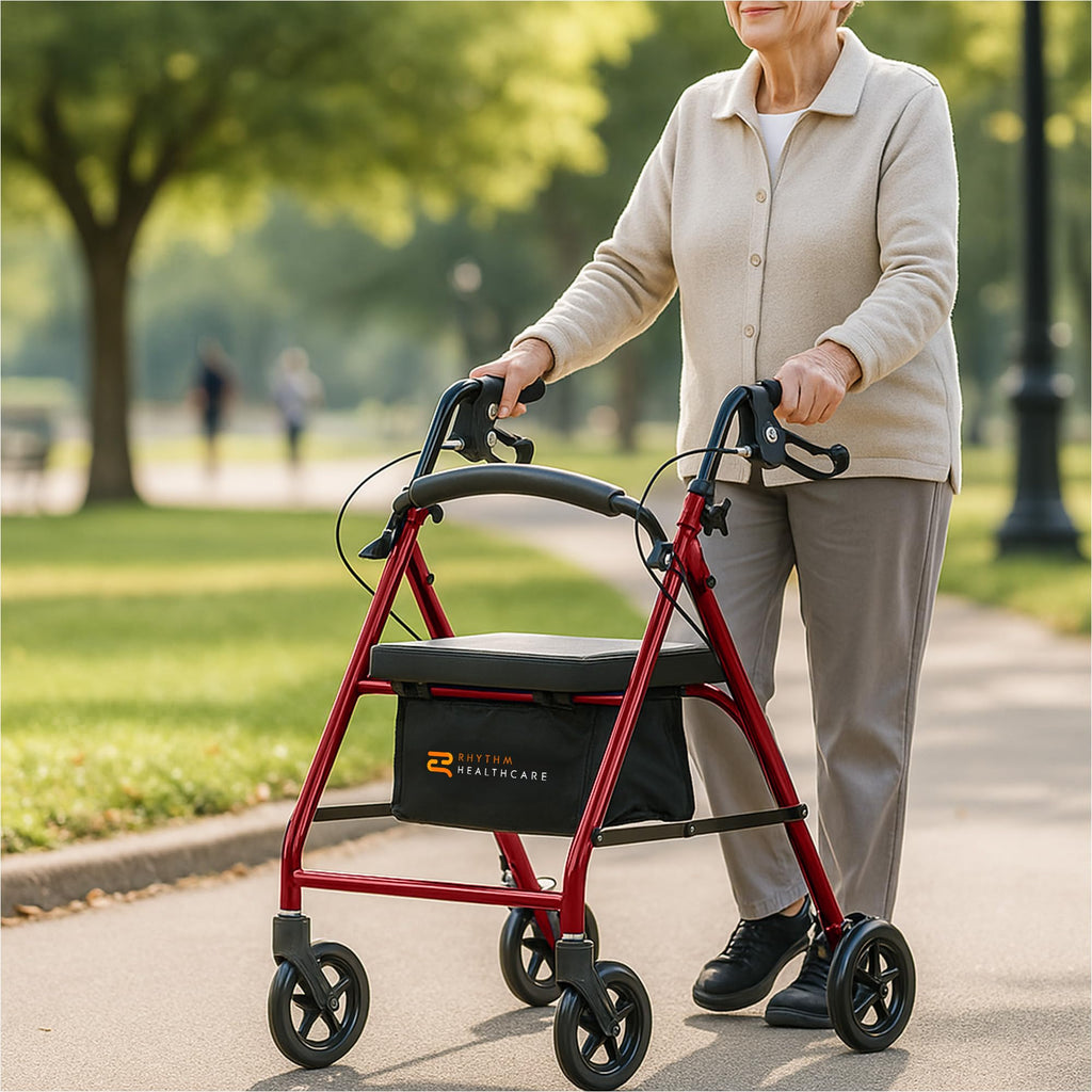 Red Aluminum 4 Wheel Rollator with Padded Seat O573919